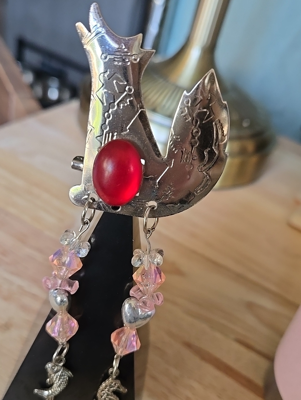 Vintage-native American Inspired Wolf Statement Brooch with Pink Beaded Dangles